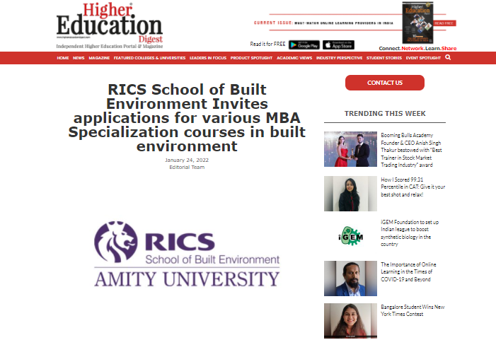 RICS School of Built Environment Invites applications for various MBA Specialization courses