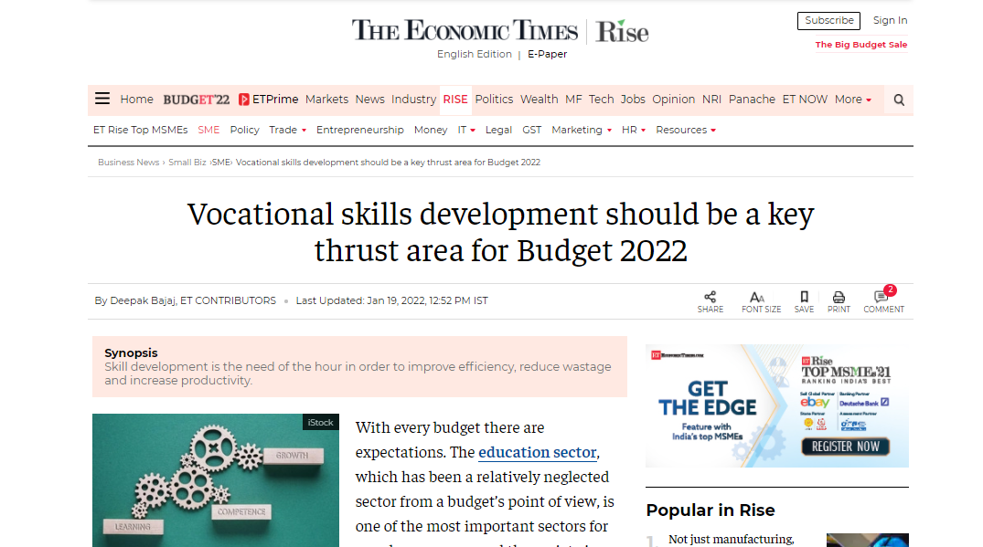Vocational skills development should be a key thrust area for Budget 2022