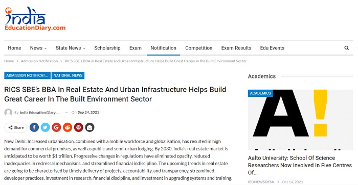 RICS SBE’s BBA In REUI Helps Build Great Career In The Built Environment Sector