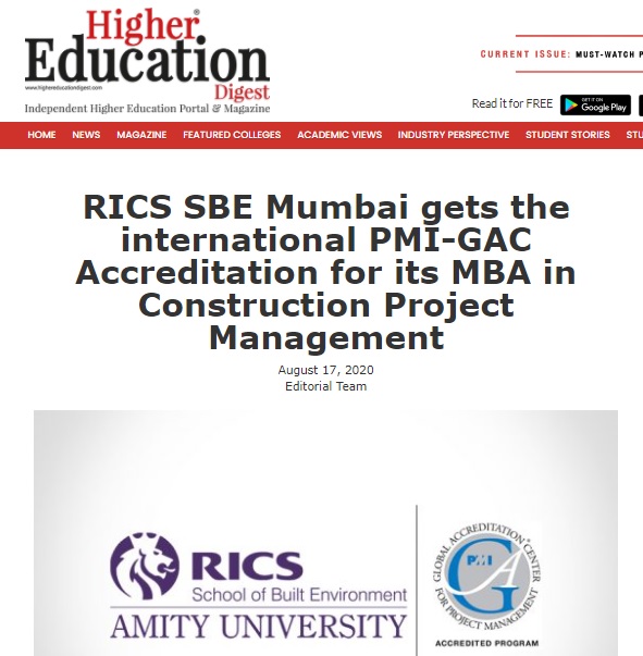 RICS SBE Mumbai gets the international PMI-GAC Accreditation for its MBA in CPM