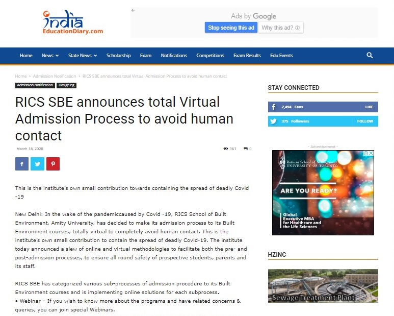 RICS SBE announces total Virtual Admission Process to avoid human contact